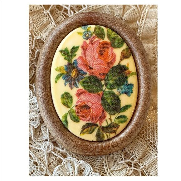 Vintage Austrian transferwear floral rose pin wood - Picture 5 of 6